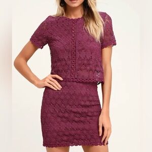 Lulus Women’s Burgundy Sweet Style Magenta Crochet Lace Crop Top and Skirt Set M